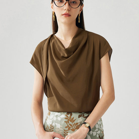 COMOBOCA Brown 100% Mulberry Silk Women's Draped Cowl Neck Blouse