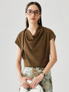 COMOBOCA Brown 100% Mulberry Silk Women's Draped Cowl Neck Blouse