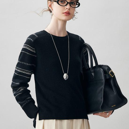 COMOBOCA 100% Cashmere Women's Striped Sleeve Round Neck Sweater