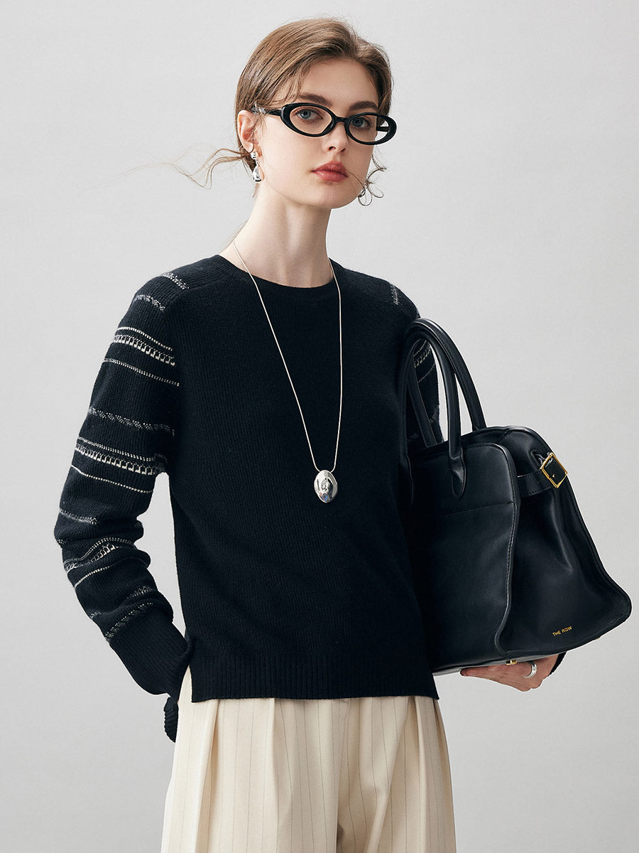 COMOBOCA 100% Cashmere Women's Striped Sleeve Round Neck Sweater