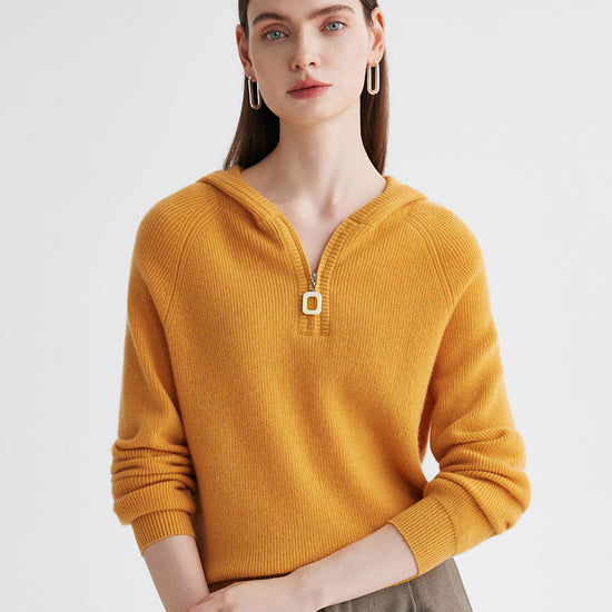 COMOBOCA 100% Cashmere Women's Ribbed Half Zip Knit Hoodie