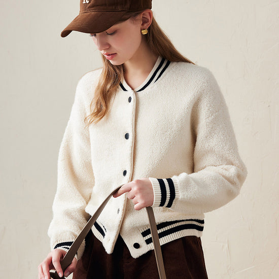 COMOBOCA White 100% Wool Women's Striped Ribbing Jacket