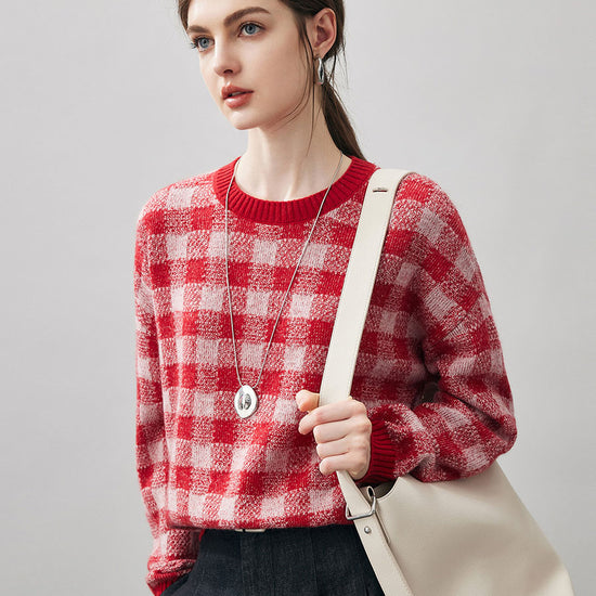 COMOBOCA 100% Cashmere Women's Checkered Round Neck Sweater