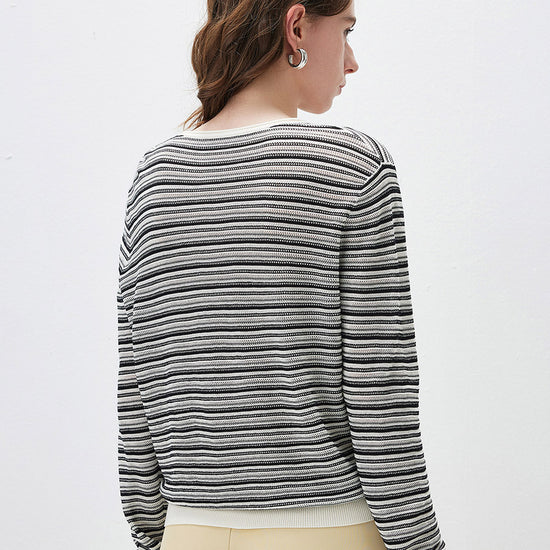 COMOBOCA Women's Striped Mesh Knit Round Neck Sweater