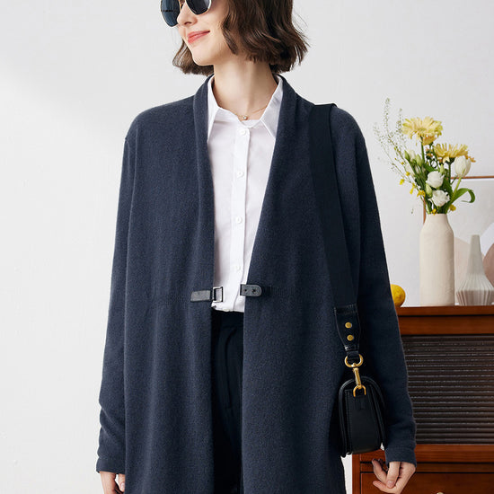 COMOBOCA Navy Blue 100% Cashmere Women's Leather Buckle Knit Coat