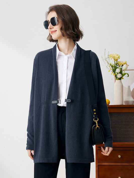 COMOBOCA Navy Blue 100% Cashmere Women's Leather Buckle Knit Coat