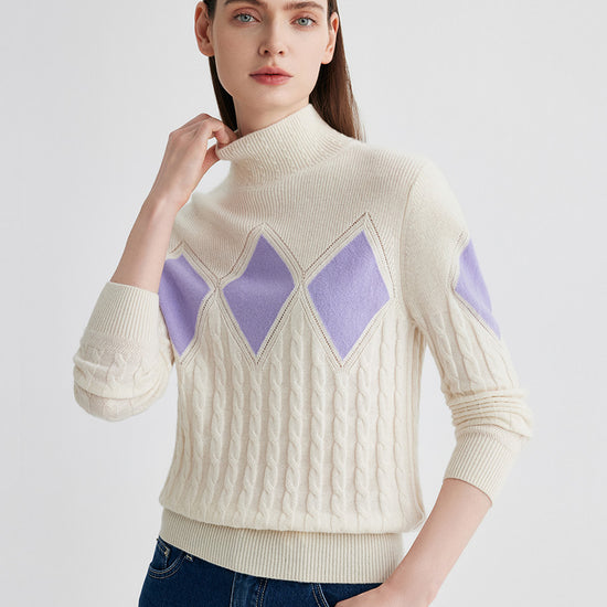 COMOBOCA 100% Cashmere Women's Argyle Cable Turtleneck Knit Sweater