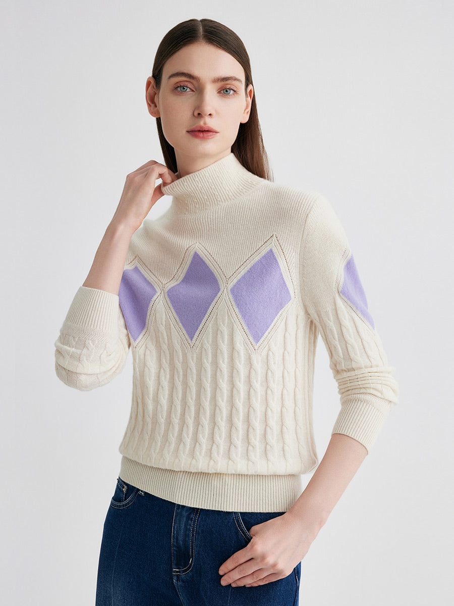 COMOBOCA 100% Cashmere Women's Argyle Cable Turtleneck Knit Sweater