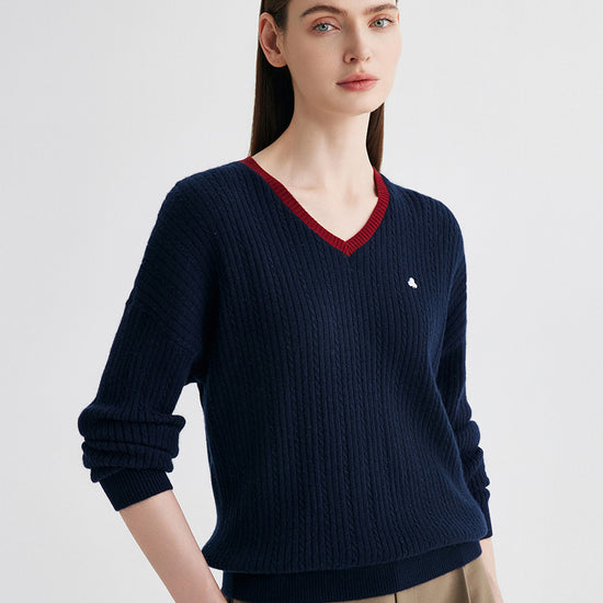 COMOBOCA 100% Cashmere Women's V-Neck Cable Knit Sweater