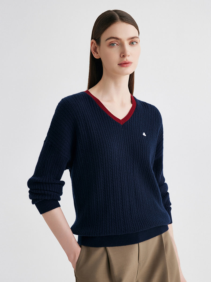 COMOBOCA 100% Cashmere Women's V-Neck Cable Knit Sweater