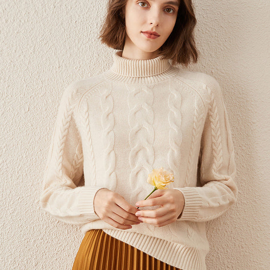 COMOBOCA Beige 100% Cashmere Women's Turtleneck Cable Knit Sweater