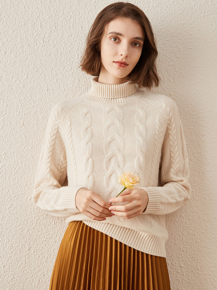 COMOBOCA Beige 100% Cashmere Women's Turtleneck Cable Knit Sweater