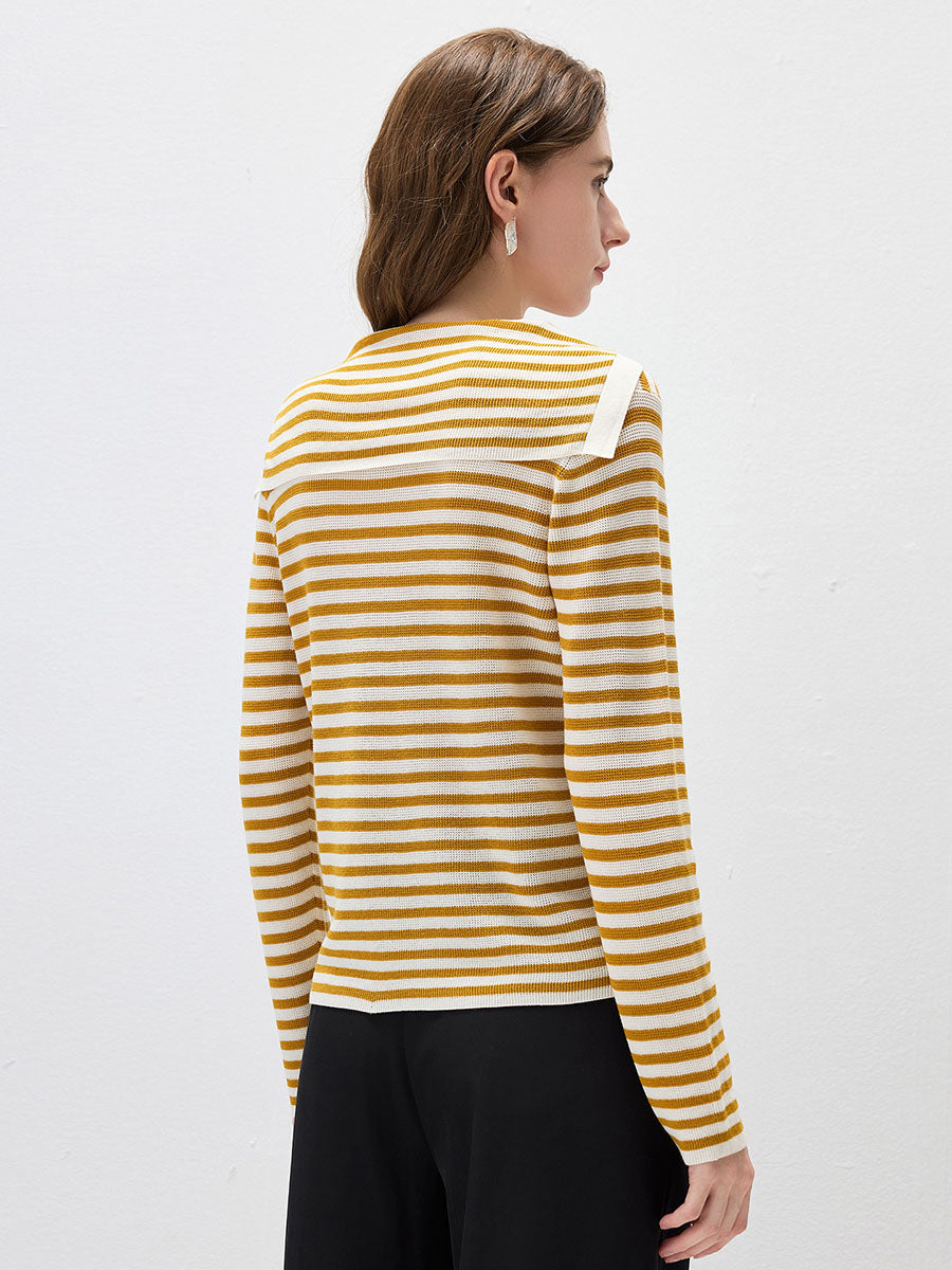 COMOBOCA Women's Striped Sailor Collar Tie Front Knit Sweater