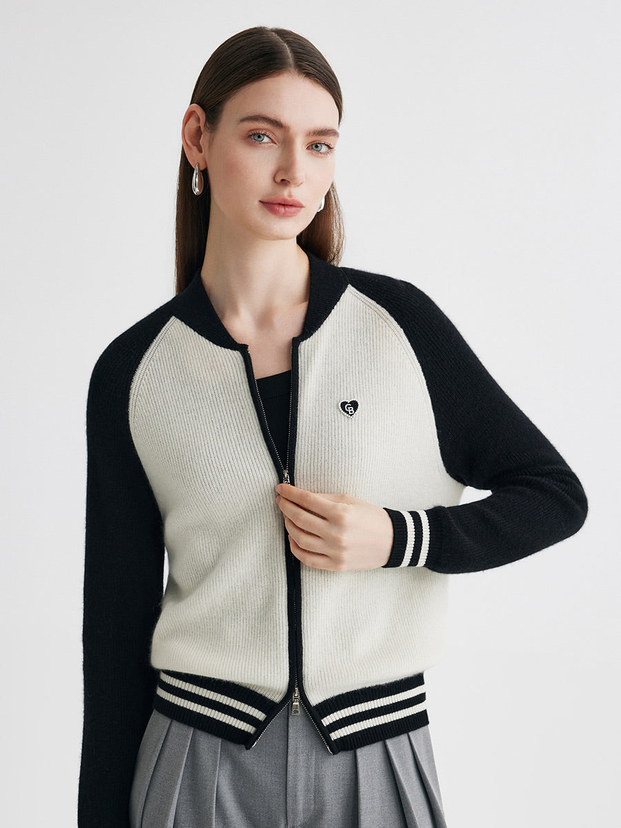 COMOBOCA 100% Cashmere Women's Color Block Knit Baseball Jacket