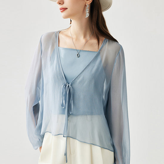 COMOBOCA Light Blue 100% Mulberry Silk Women's Tie-Front Blouse