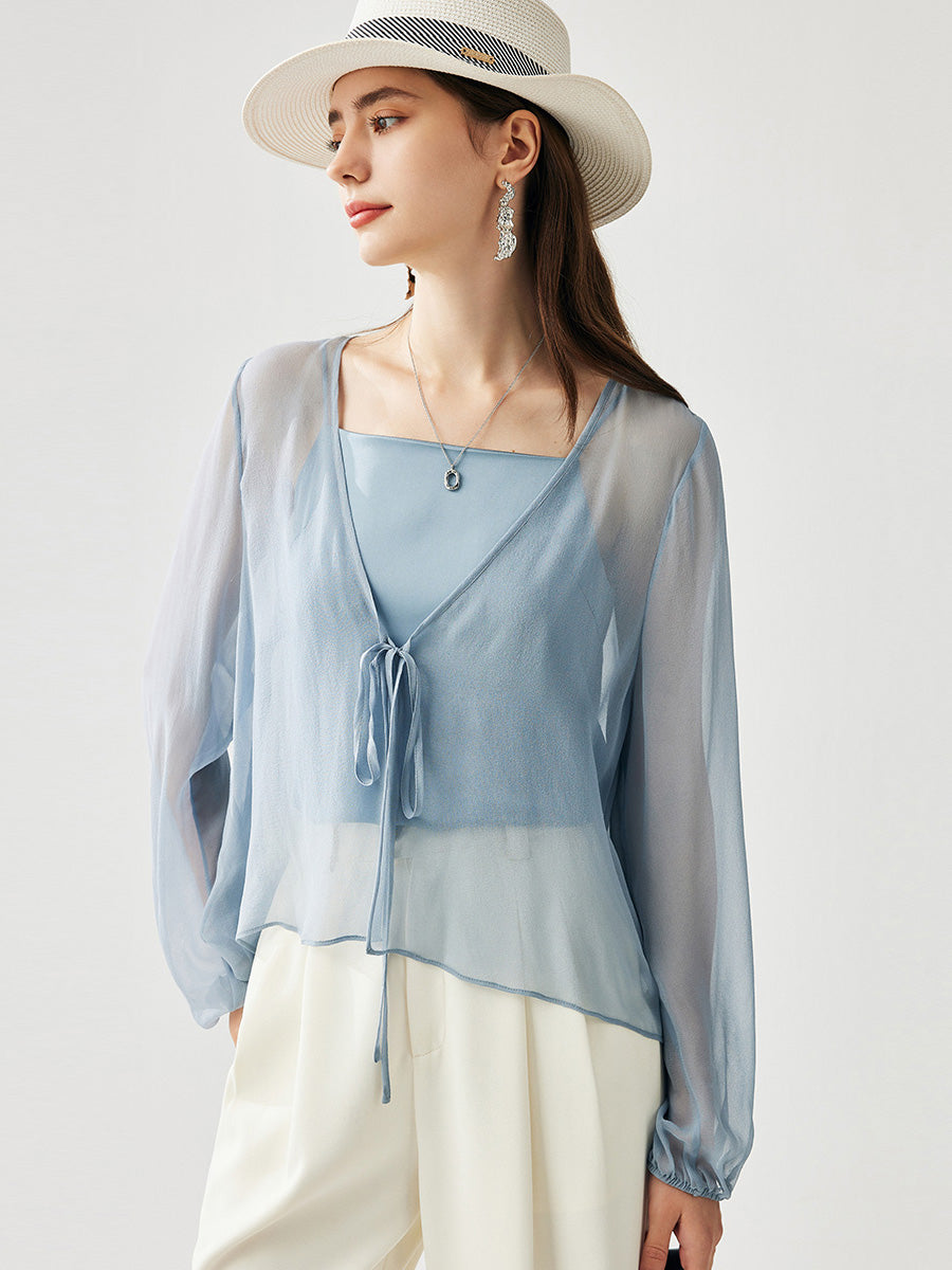 COMOBOCA Light Blue 100% Mulberry Silk Women's Tie-Front Blouse
