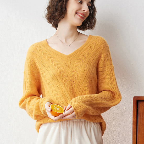 COMOBOCA YELLOW 100% Cashmere Women's V-Neck Drop Shoulder Sweater
