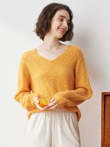 COMOBOCA YELLOW 100% Cashmere Women's V-Neck Drop Shoulder Sweater