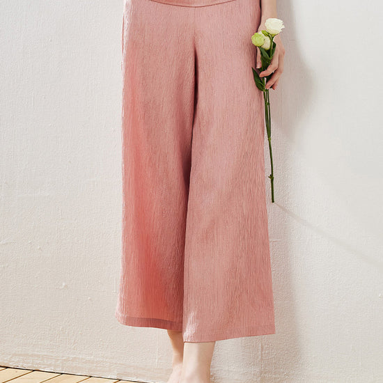 COMOBOCA Pink Women's Elastic Waistband Crinkled Wide Leg Pants