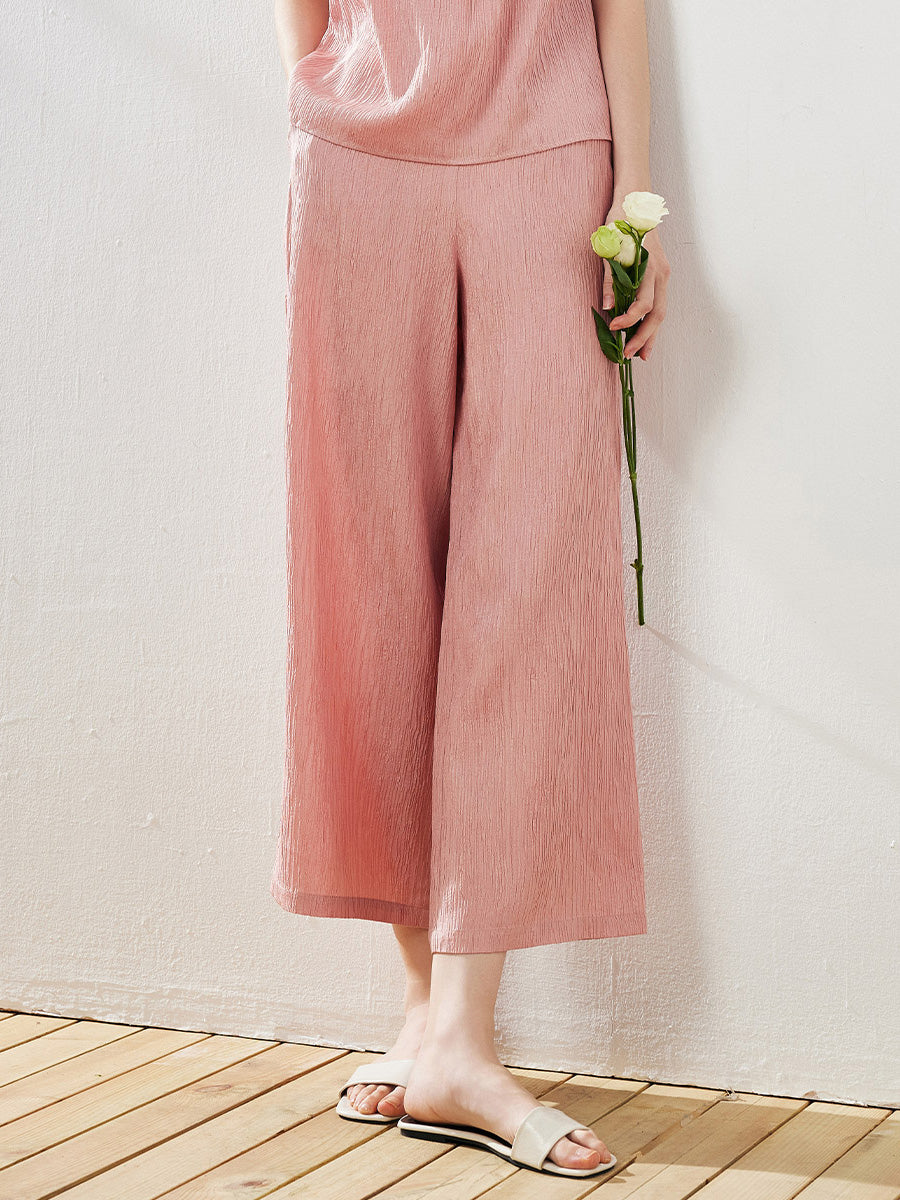 COMOBOCA Pink Women's Elastic Waistband Crinkled Wide Leg Pants