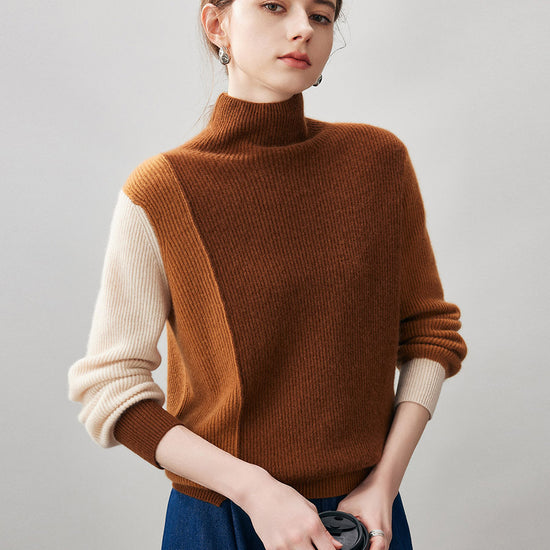 COMOBOCA 100% Cashmere Women's Color Block Turtleneck Sweater