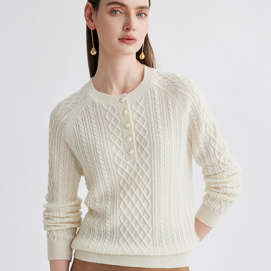 COMOBOCA White 100% Cashmere Women's Cable Knit Button Front Sweater