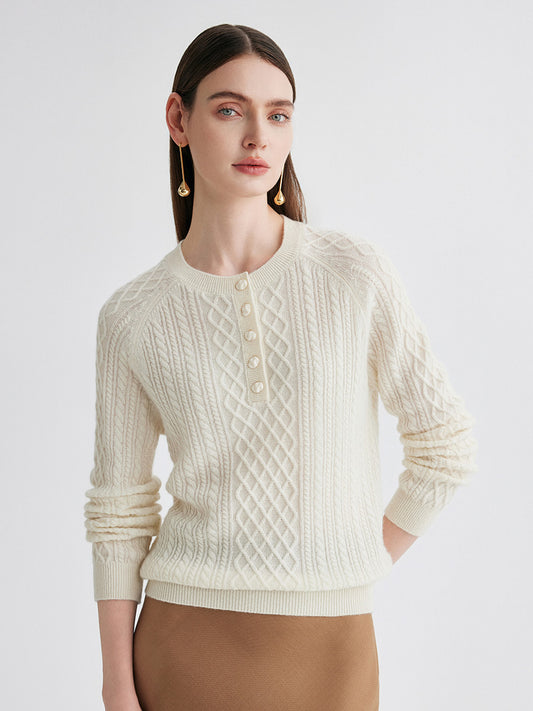 COMOBOCA White 100% Cashmere Women's Cable Knit Button Front Sweater