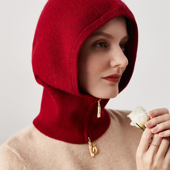 COMOBOCA Deep Red 100% Cashmere Women's Zip Up Knit Hooded Neck Warmer