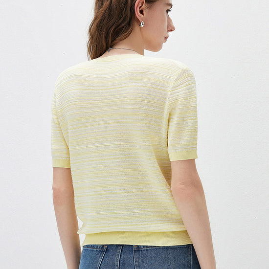 COMOBOCA Women's Ribbed Fine Stripe Knit T-Shirt
