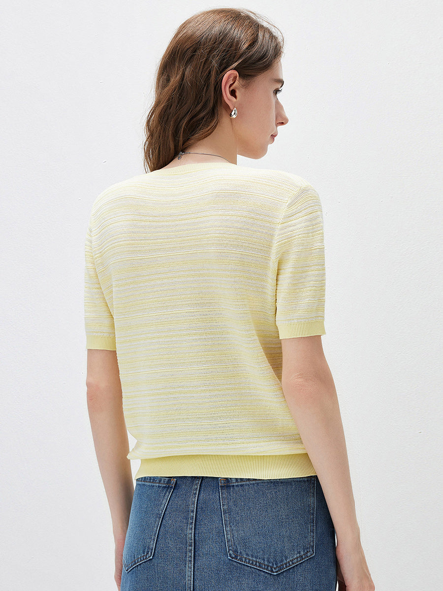 COMOBOCA Women's Ribbed Fine Stripe Knit T-Shirt