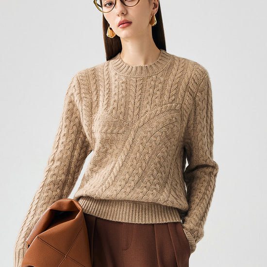 COMOBOCA Camel 100% Cashmere Women's Chunky Cable Knit Sweater