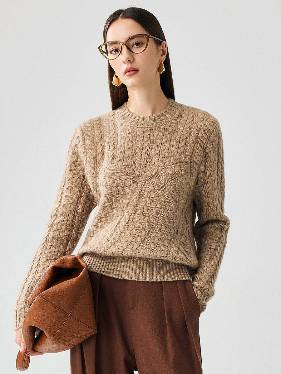 COMOBOCA Camel 100% Cashmere Women's Chunky Cable Knit Sweater