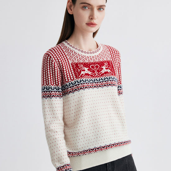 COMOBOCA 100% Cashmere Women's Fair Isle Reindeer Sweater