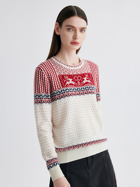 COMOBOCA 100% Cashmere Women's Fair Isle Reindeer Sweater