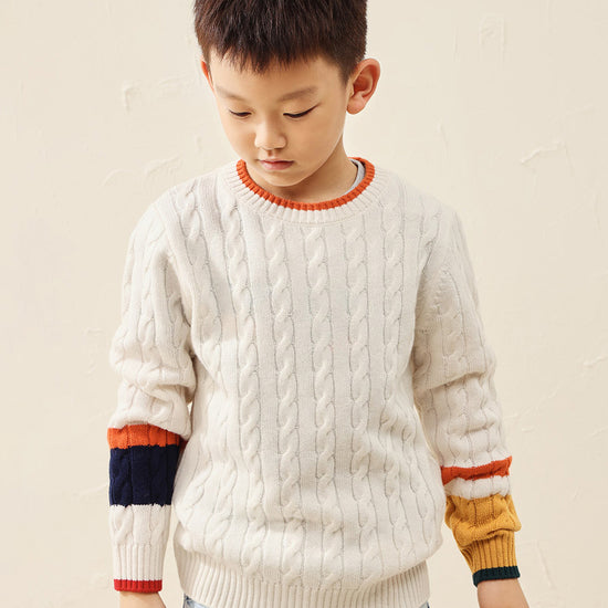 COMOBOCA White 100% Wool Kids' Cable Knit Sweater with Color Block Detail