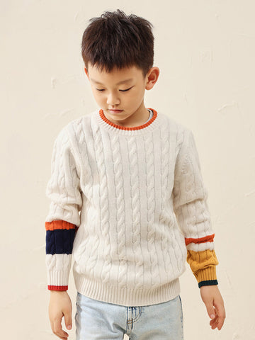 COMOBOCA White 100% Wool Kids' Cable Knit Sweater with Color Block Detail