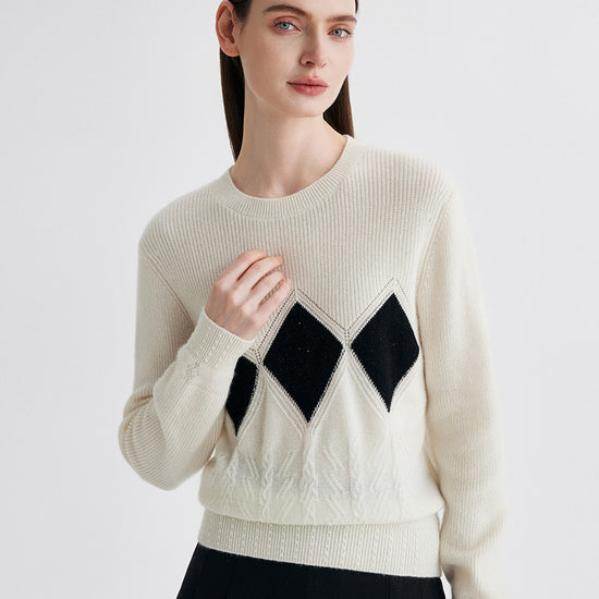 COMOBOCA 100% Cashmere Women's Argyle Patterned Round Neck Sweater