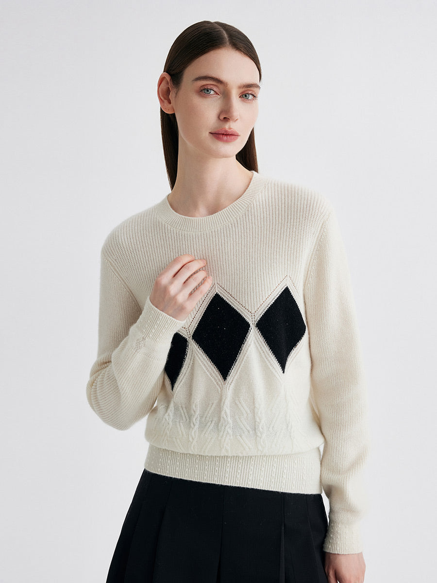 COMOBOCA 100% Cashmere Women's Argyle Patterned Round Neck Sweater
