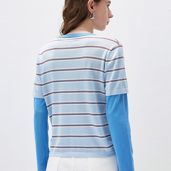 COMOBOCA Women's Layered Striped Round Neck Knit Sweater