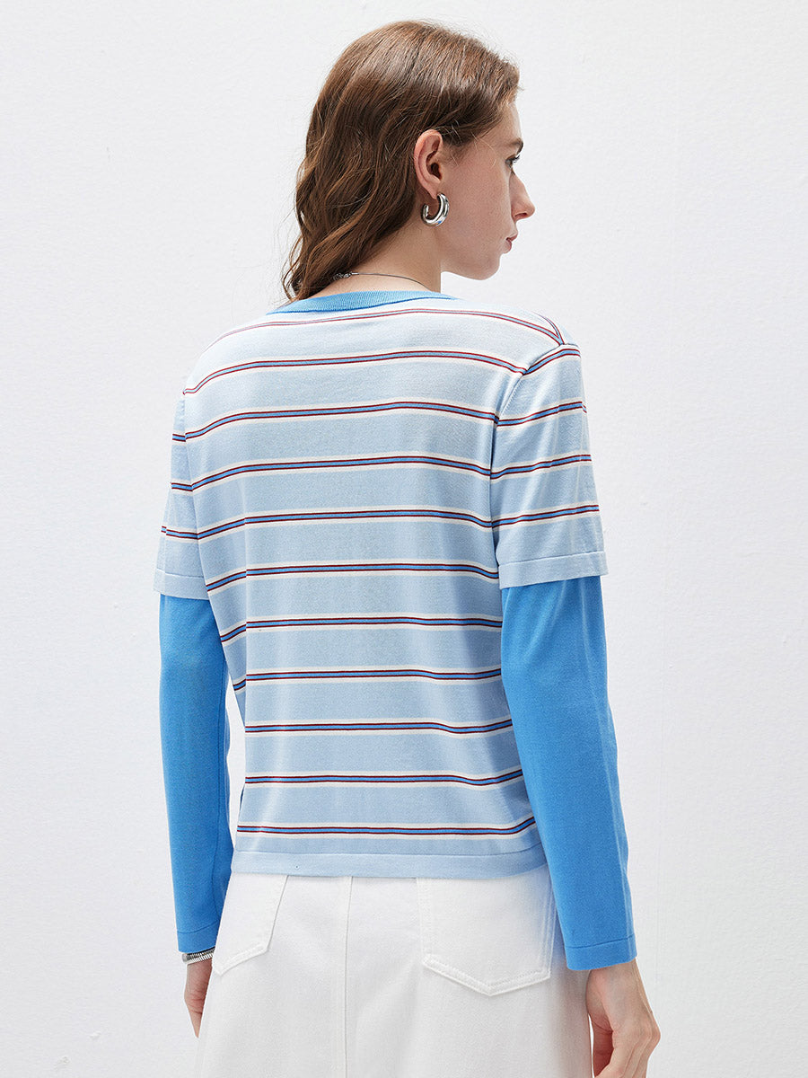 COMOBOCA Women's Layered Striped Round Neck Knit Sweater