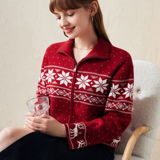 COMOBOCA 100% Wool Women's Winter Wonderland Knit Cardigan