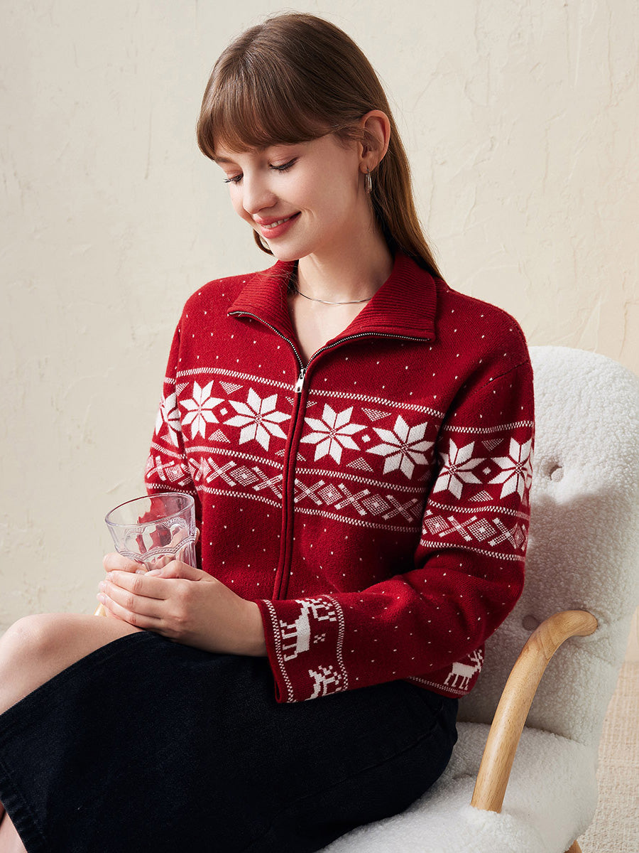 COMOBOCA 100% Wool Women's Winter Wonderland Knit Cardigan