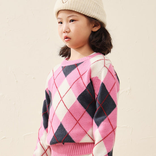 COMOBOCA Pink 100% Wool Kids' Ribbed Argyle Knit Sweater