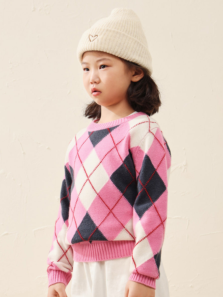 COMOBOCA Pink 100% Wool Kids' Ribbed Argyle Knit Sweater