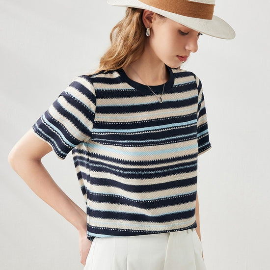 COMOBOCA Striped Women's Striped Woven Ribbed T-Shirt