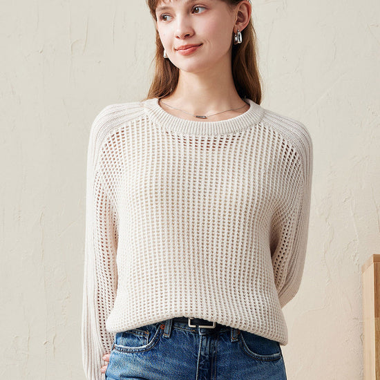 COMOBOCA Beige 100% Wool Women's Ribbed Knit Sweater