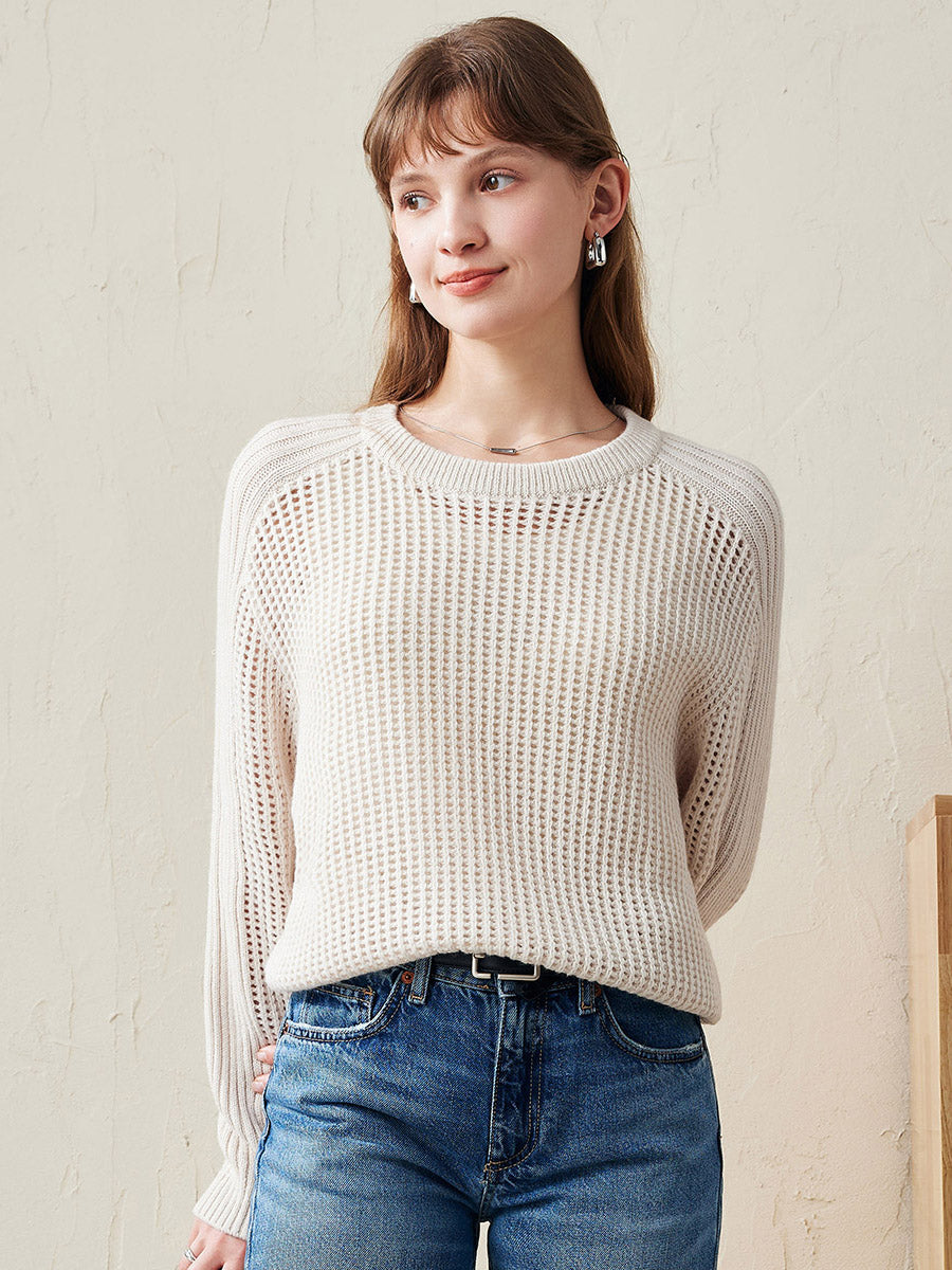 COMOBOCA Beige 100% Wool Women's Ribbed Knit Sweater