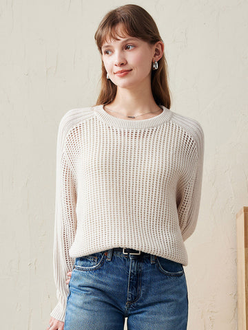 COMOBOCA Beige 100% Wool Women's Ribbed Knit Sweater