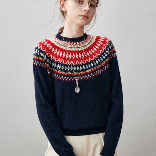 COMOBOCA 100% Cashmere Women's Fair Isle Round Neck Sweater