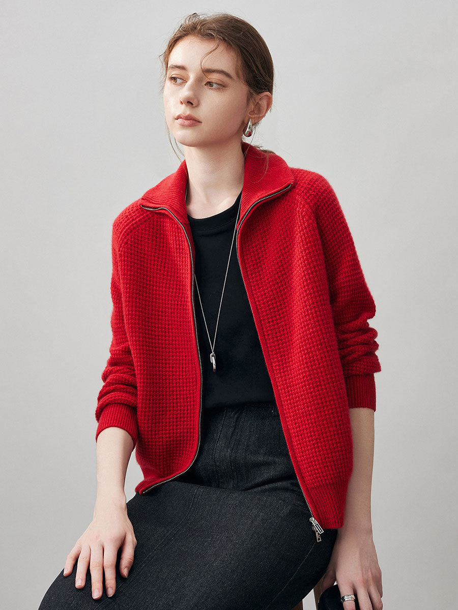 COMOBOCA 100% Cashmere Women's Double Zip Knit Cardigan